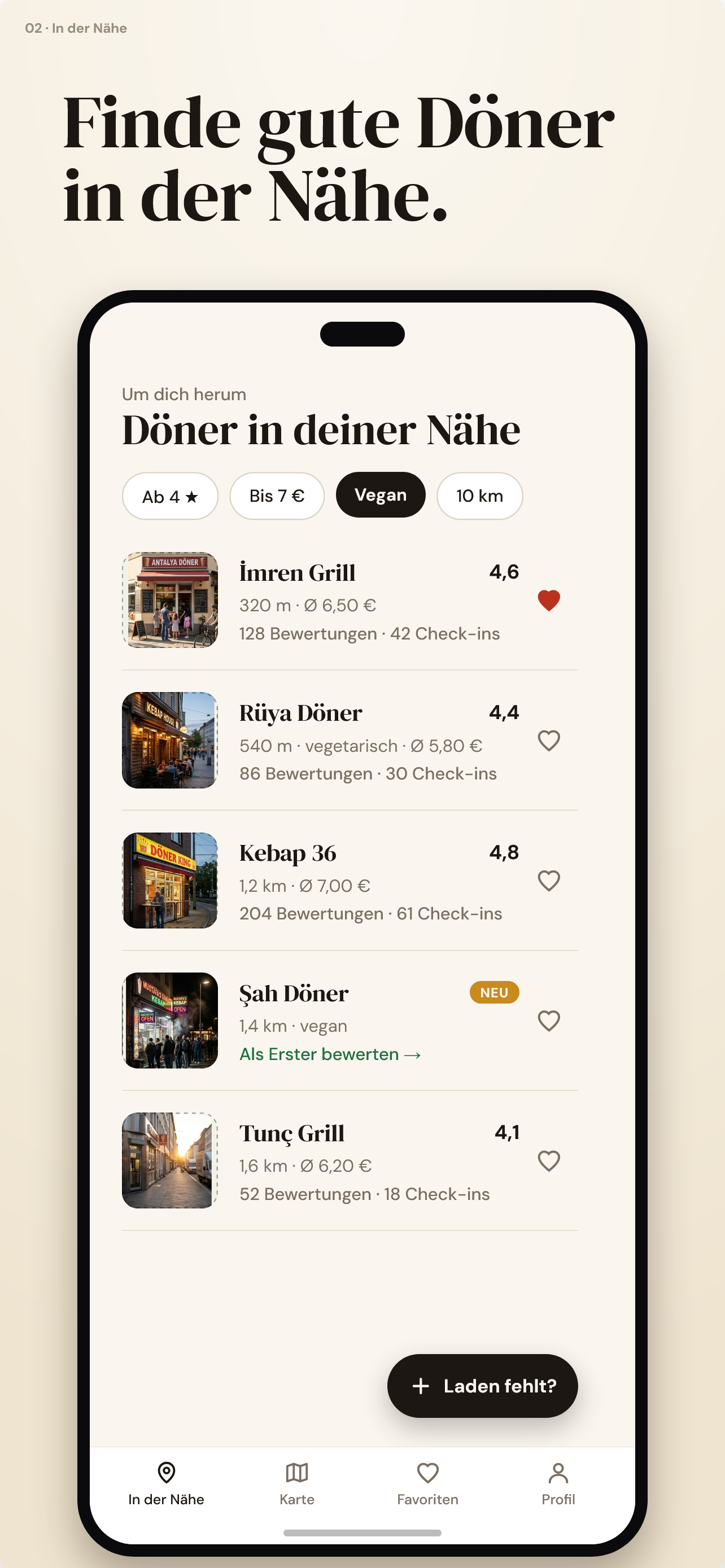 Liste der Dönerläden in der Nähe mit Note, Entfernung und Durchschnittspreis